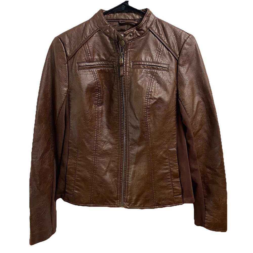G.H. Bass & Co. Women Faux Leather Chocolate‎ Brown Moto Jacket Motorcycle Sz. S